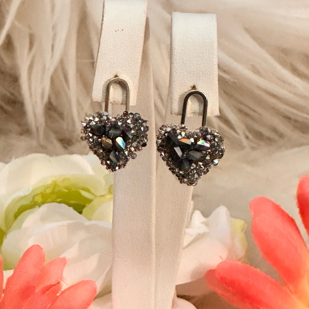 Black Diamond Quartz and Gold Locket Heart Stud Earrings NEW!